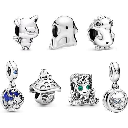 New Original 925 Silver Bead Hedgehog Pig Fox Rabbit Owl Tree Charm Animal Fit Pandora Bracelet Bangle DIY Women Jewelry