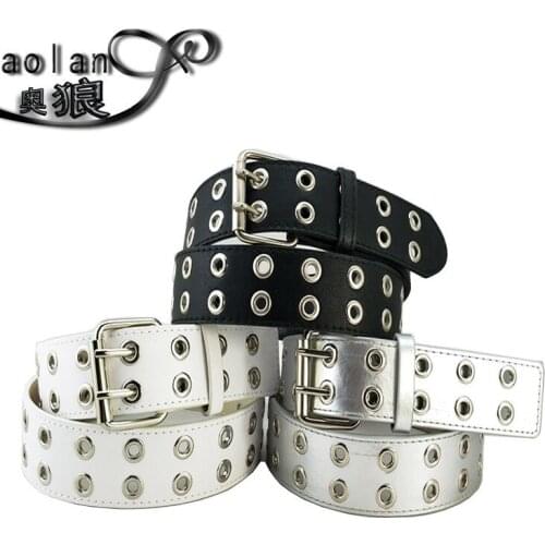 PU Leather Adjustable Fashion Double Grommet Belt Rock Motorcycle Waist Strap for Jeans Costume