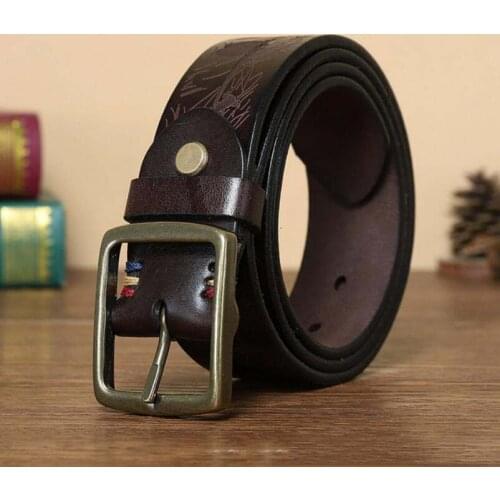 Personalized Fashion Hand-Carved Pattern Belt Male Leather Pin Buckle Cowhide Trend Casual Pure Copper Trouser Belt