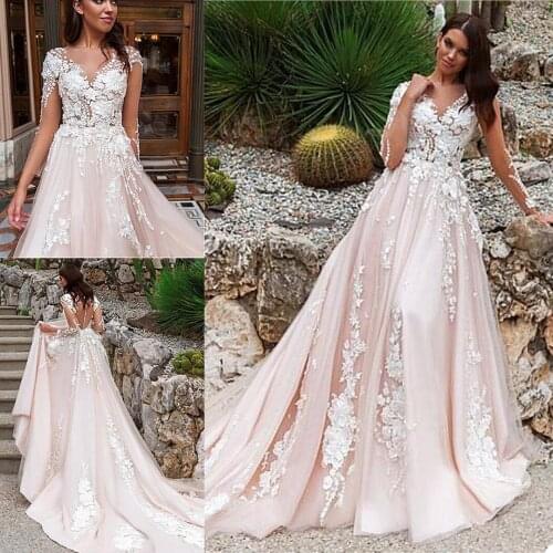 Luxury Wedding Dresses V Neck Long Sleeves Lace Appliques Bridal Gowns Custom Made Button Back Sweep Train A Line Wedding Dress