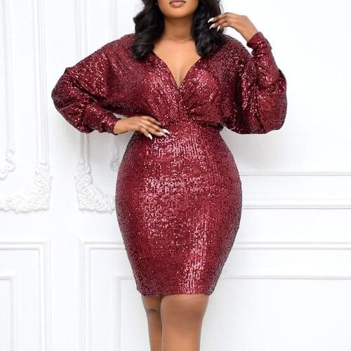 Evening gowns for women long sleeve luxury glitter shiny sexy v neck bodycon female mini night club red sequins dress autumn