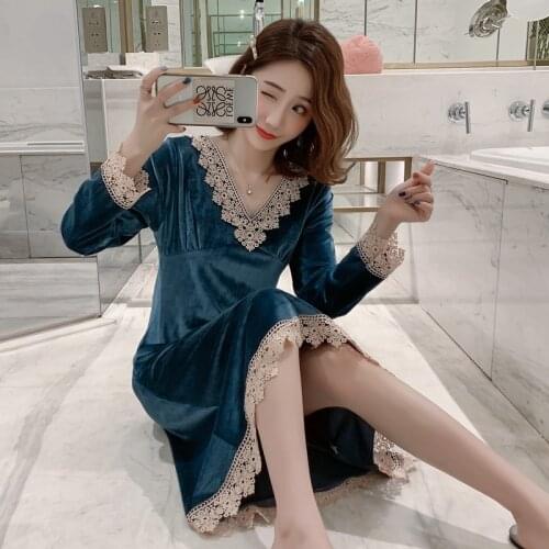 Womens Nightdress Autumn Winter Velvet Korean Luxury Solid Color Princess Long Sleeve Loose Home Clothes Sexy Nightgown