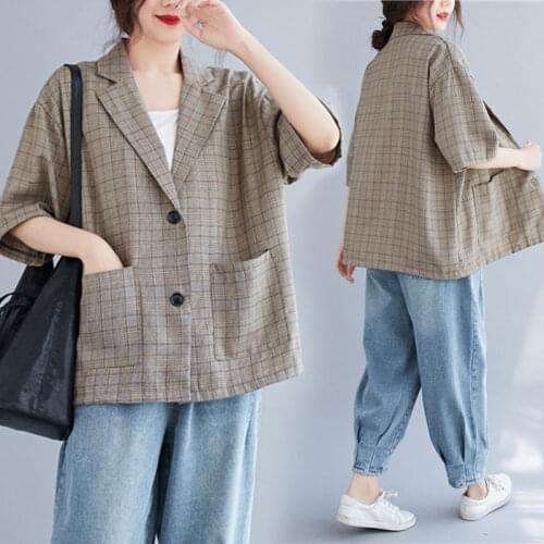 Double Pockets Contrast Color Check Cotton and Linen Suit Jacket Large Size Womens Two Buckle Half Sleeve Blazer Shirt Top K601