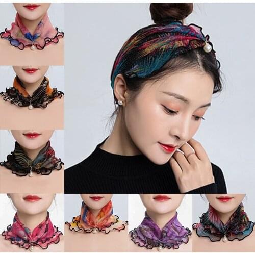 New Fashion Pearl Pendant Scarf for Women Retro Vintage Flower Printing Elastic Scarf Hair Band Autumn Soft Lady Scarves Jewelry