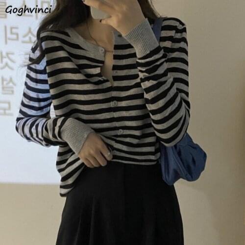 Women Cardigan Sweater Knitted Striped Korean New Fashion Trendy Slim Fit Office Lady Simple Loose Low O-neck Temperamental Soft