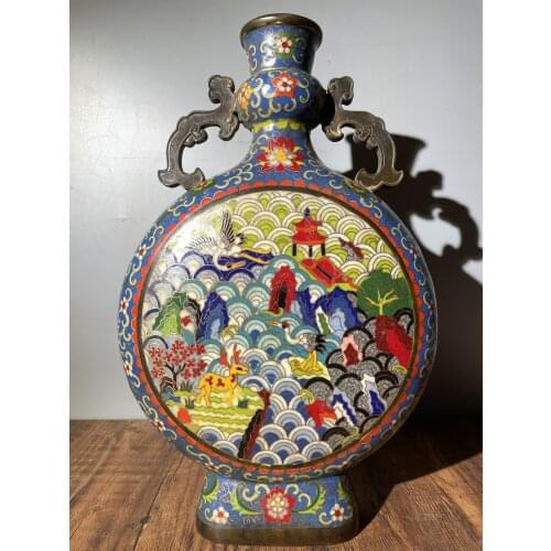 15"Tibet Temple Collection Old Bronze Cloisonne Enamel Luhe Tongchun Moon holding bottle Ornaments Town House Exorcism