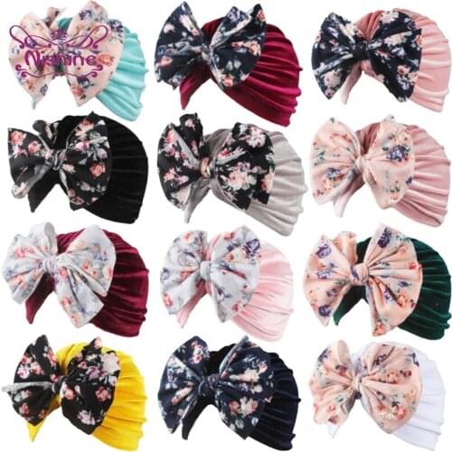 19*17 CM Comfortable Soft Gold Velvet Children Hats Fashion Print Bowknot Baby Girls Caps Sweet Hair Accessories Infant Turband