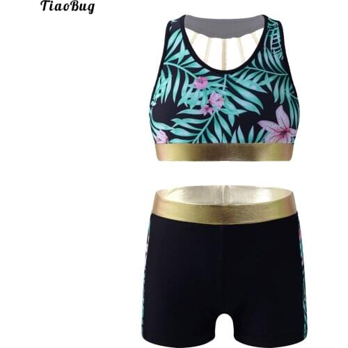 TiaoBug Summer 2Pcs Kids Girls U Neck Sleeveless Open Back Patchwork Print Swimwear Pool Beach Swimsuit Bikini Tankini Set