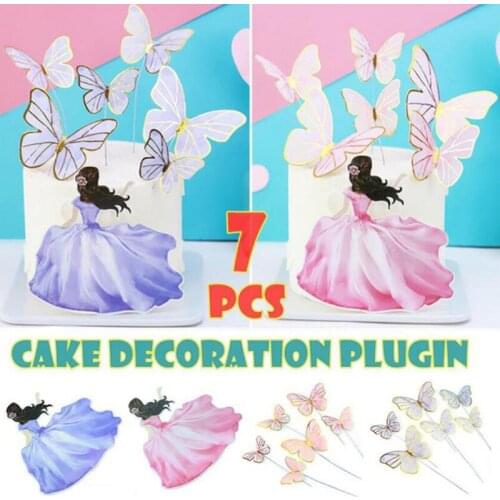 7Pcs Girl Butterflies Cake Toppers Cake Flags Gold Foil Birthday Baking Decor