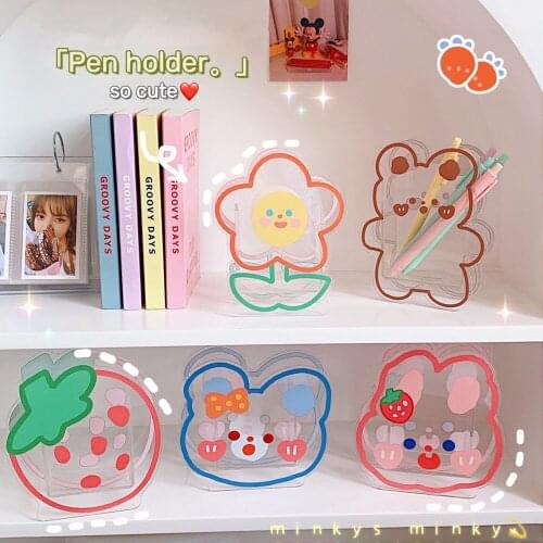 Cartoon Design Acrylic Pen Holder Bear Rabbit Strawberry Kawaii Desktop Stationery Cosmetics Storage Box