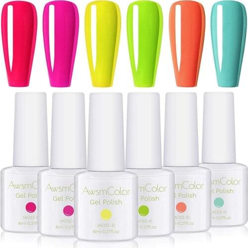 AwsmColor Gel Nail Polish Set, Neon Series 6 Colors UV LED Soak Off Nail Gel Kit, Nail Design Bright Red Pastel Pink Jelly