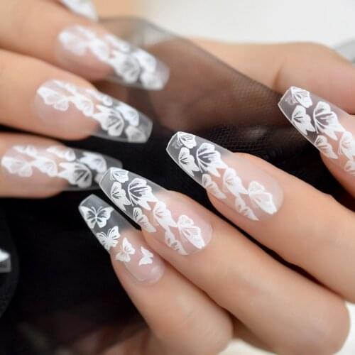 Butterfly Matte Coffine Nails Transparent Extra Long Ballerina False Nail Tips White Butterfly Nail Art Fingernails 24 CT Echiq