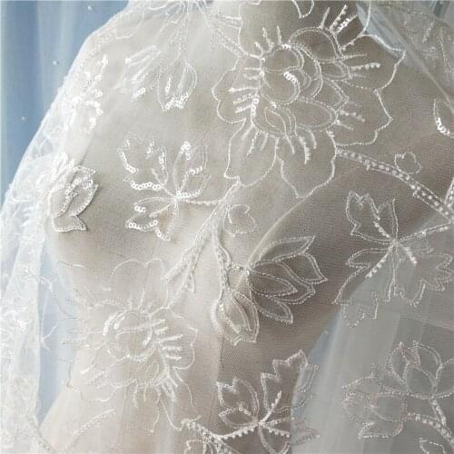 GLace 1Y/Lot Sequins beaded lace off white mesh fabric for wedding dress veil holiday dress DIY accessories TX1595