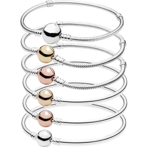 Free Shipping 925 Sterling Silver Round Moments Bangle Snake Chain Bracelet Fit Original Charm For Women DIY Jewelry Beads