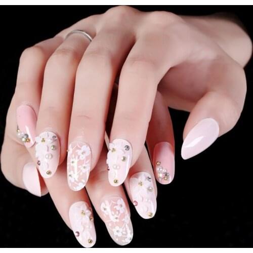 24Pc Girls Glitter White Red Color False Nails Bride Wedding Flower Rhinestone Artificial Nail Simulation Pearl DIY Nail Art Tip