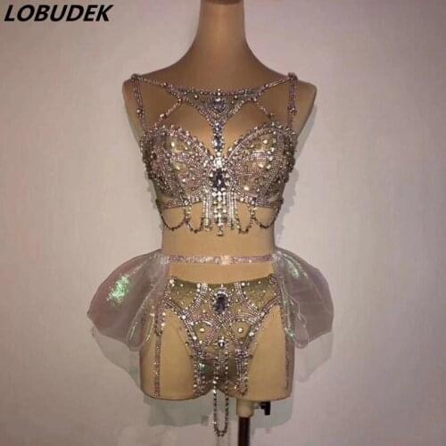 Shiny Rhinestones Crystal Bikini Outfit DJ Women Singer Pole Dancing Stage Wear Bar Party Model Catwalk Underclothes Costume