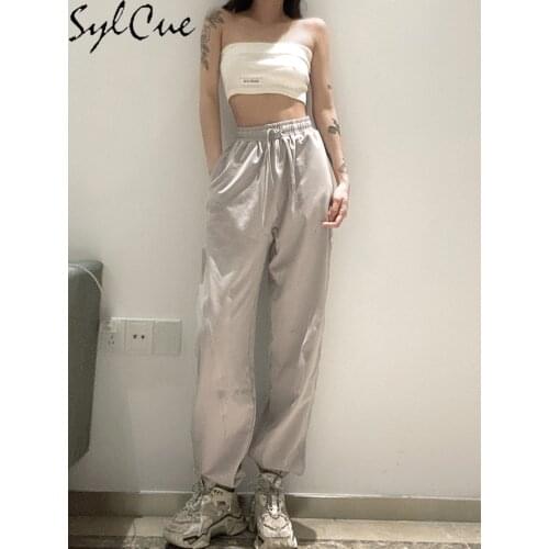 Sylcue Summer hip hop style personality versatile sports leisure trousers womens high waist show thin elastic waist chalaza