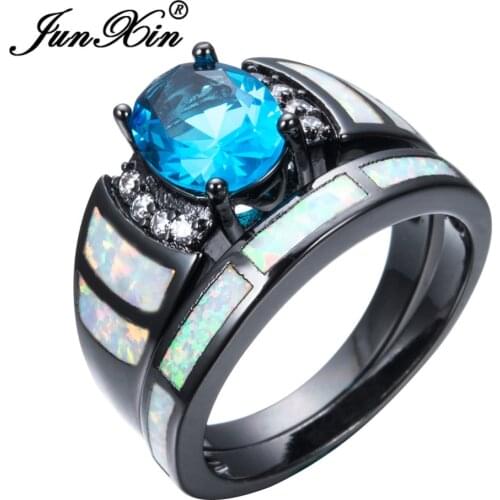 JUNXIN Fashion Jewelry Rainbow Fire Opal Ring Sets For Women Men Black Gold Filled Wedding Party Light Blue Zircon Love Ring