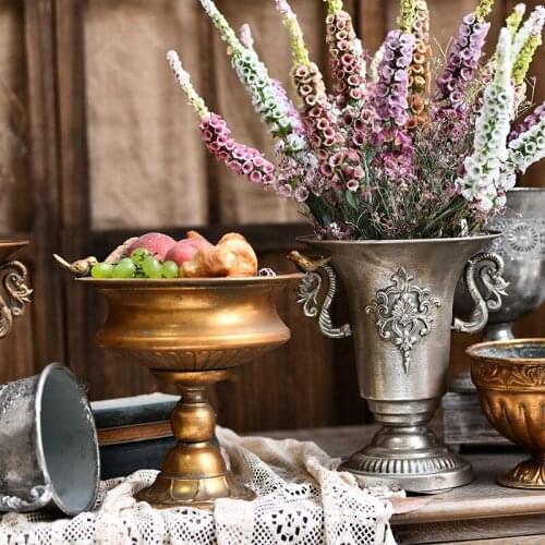 Classical Goblet Flower European Style Retro Old Wrought Iron Vase Flower Pot Golden and Silver Wedding Photo Props