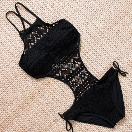 50Pcs/Lot Black One Piece Swim Suits Women Handmade Solid Corchet High Neck Monokini Swimsuits Push Up Bathing Suits