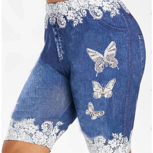 Summer Plus Size Denim Shorts Women Fashion Sexy Lace Patchwork 3D Butterfly Print Bodycon Shorts Elastic Skinny Denim Shorts