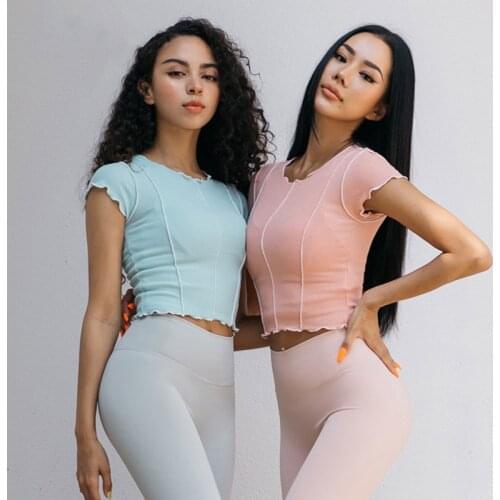 Summer Thin Cropped Yoga Tops Short Sleeve Fitness T Shirt Women Breathable Running Sport T-shirt Lotus leaf Gym Fitness Tops