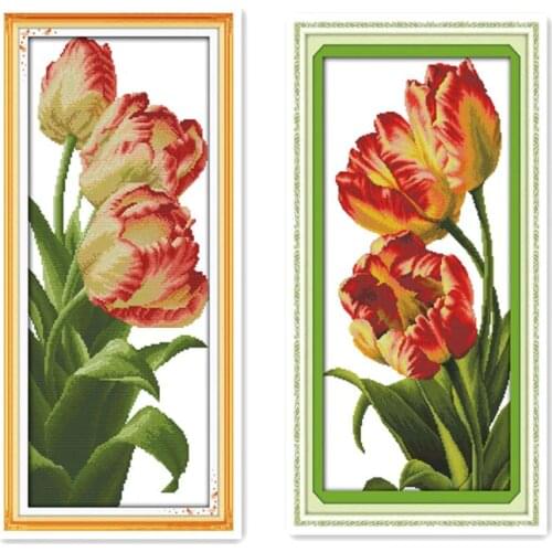 Joy Sunday Tulip Flower Cross Stitch Kit 11CT 14CT Printing Embroidered Tulip Furniture Sewing Embroidery Decorative Painting