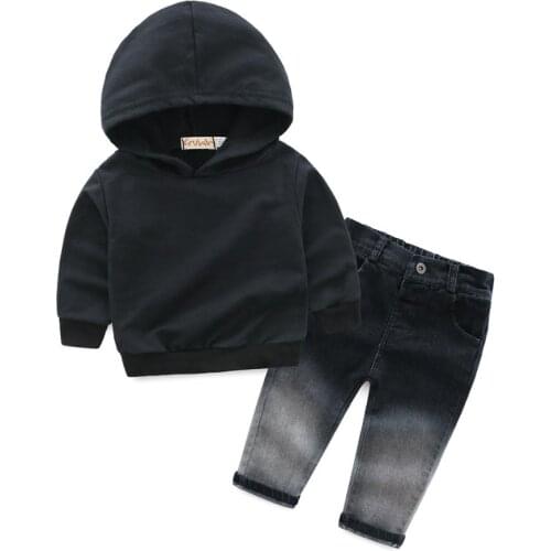 1-5Yrs Autumn Children Boys Hooded Denim Clothes Outfits Toddler Boys Washed Tracksuit Set Clothing