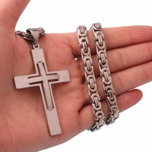 Polished Silver Color Stainless Steel Jesus Cross Pendant Necklace 6mm Link Byzantine Chain Necklace Heavy Men Jewelry collares