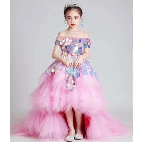 Flower Girl Dress Children Wedding Dresses Off Shoulder Kids Sequin Tulle Princess Gowns Girl Boutique Party Communion Frocks