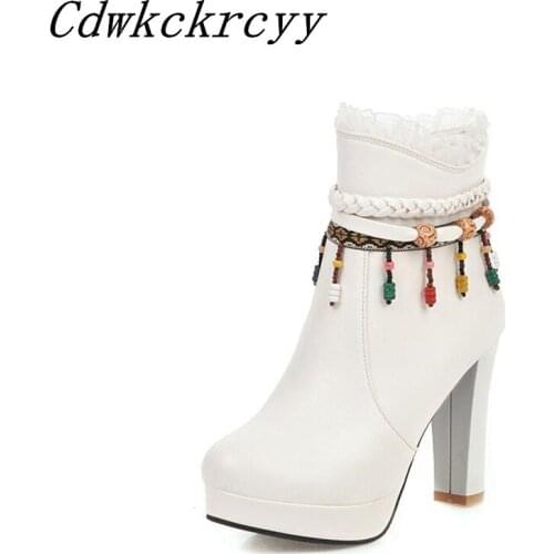 Winter New pattern fashion colour Tassels Coarse heel Martin Short boots Cashmere Keep warm High-heeled Women Boots size 34-43