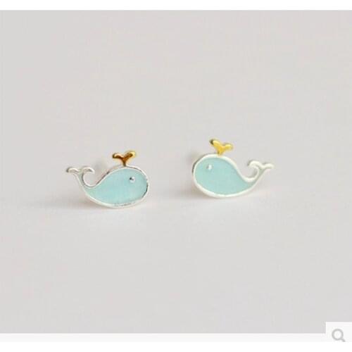 Daisies Pure 925 Sterling Silver Women Fashion Blue Symmetry Whale Stud Earrings Gift For Girls Kids Gift One Pair