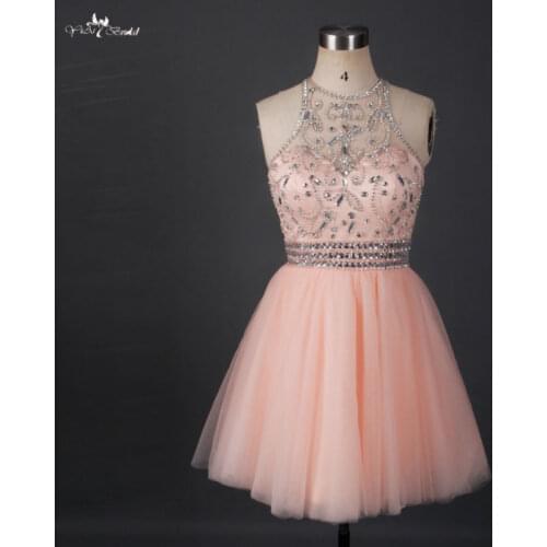 RSE663 Short Sparkly Homecoming Dresses Halter Neck Beaded Crystals Tulle Mini Key hole Open Back Party Graduation Dress