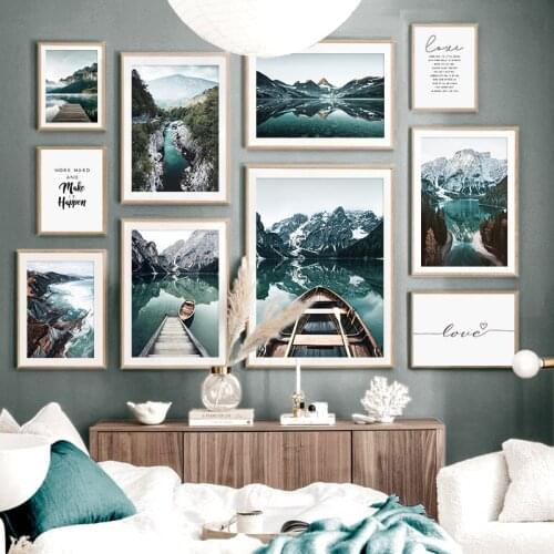 Self-adhesive Wall Stickers Nature Mountain Landscape Poster Lake Boat Wall Art Prints Pictures for Living Room Decoration