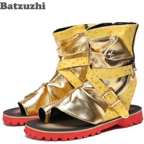 Batzuzhi Rock Mens Shoes Gold Leather Mens Sandals Summer Rome Sandalias Mujer Ankle Sandal Shoes Men Zip Gladiator