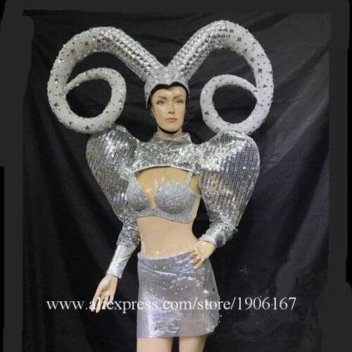 Silver Mirror Suit Ballroom Dance Costumes Catwalk Performance Clothes DJ Stage Show Wears Horn Headdress Dress Party Bikini Bra