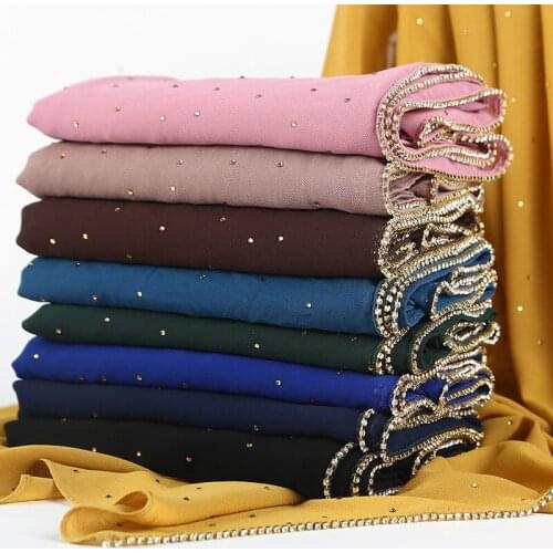 10pcs/lot Shinny Crystal Muslim Hijab Scarf Plain Rhinestone Shawls Bubble Chiffon Long Scarf Wraps Women Headband
