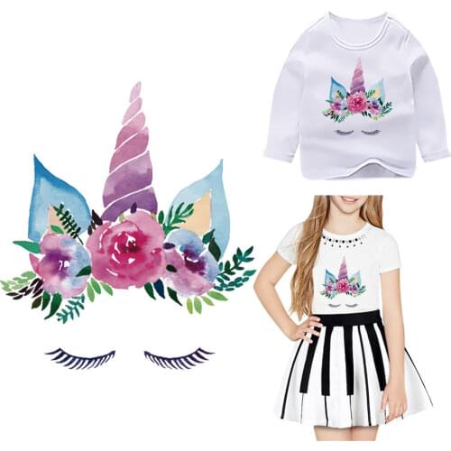 Hot Unicorn Head Iron On Patches Fo Girls Clothing DIY T-shirt Dress Thermo Transfer Stickers Heat Transfers For Clothes Parches