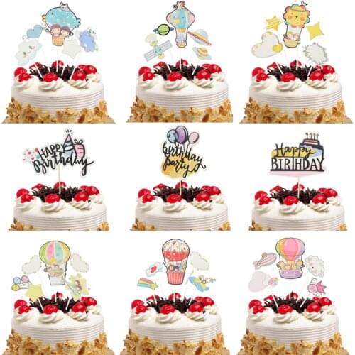Happy Birthday Cake Topper Flags Hot Air Balloon Cloud Fish Kids Cake Toppers Wedding Baby Shower Party Baking DIY Decor Xmas