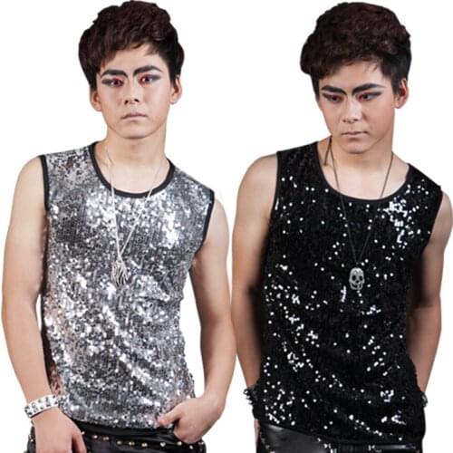 NightClub Sequin Short Sleeve Jazz Dance Tops For Men Bar Dj Dancers Male Round Neck SLim Fit Singer T-Shirt Stage Wear BD116