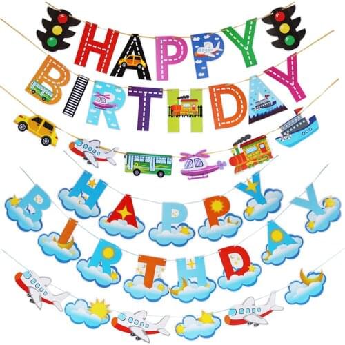 1Set Happy Birthday Banner School Bus Transport Vehicles Party Decoration Car Plane Banner Decor For Boy First Birthday Supplies