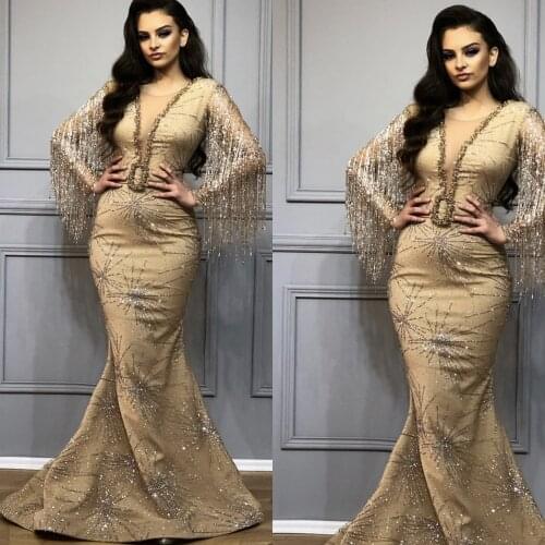 Champagne evening dresses sheer crew neckline sequins beading mermaid satin evening gowns arabic 2020