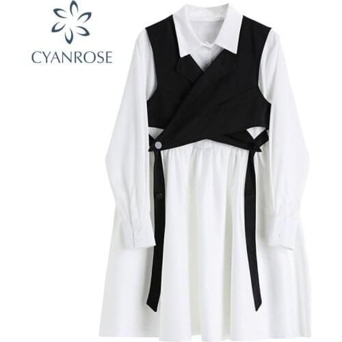 Two-Piece Designer Women 2020 Autumn Dress Fashion Casual Black White Lace Up Long Sleeve Korean Slim Bandage Shirt Dresses