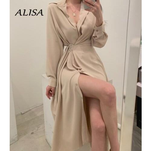New Women Office Shirt Dress Korean Summer Vintage Lace-up Single-breasted Long Dresses Summer Sexy V Neck Party Dress Vestidos
