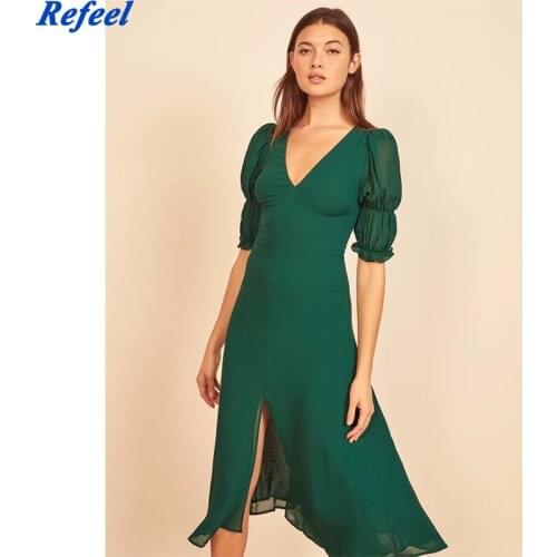 Chiffon Summer Dress Women Sexy Hem Slits Vintage Dark Green Vestido Female Short Sleeve V Neck High Waist A-line Dress