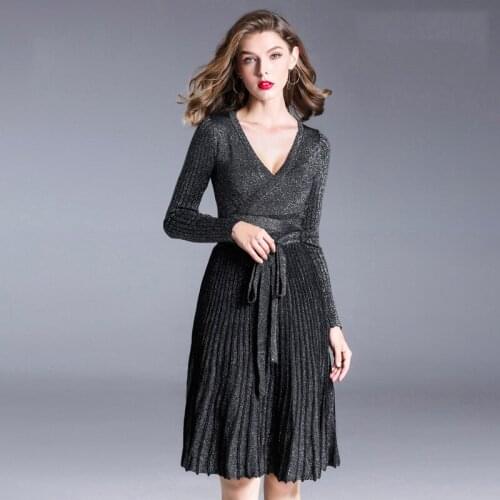 2020 Autumn Winter Dress Women Sexy Warm Knitted Dress Elegant V neck Long Sleeve Slim Midi Black Dresses Ladies Vestidos D3301