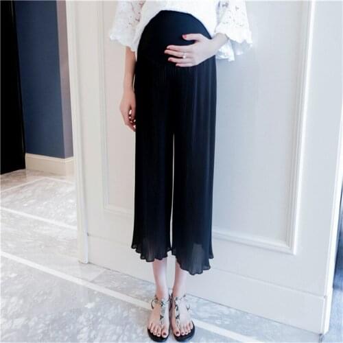 Maternity Women Pants Summer Mid-calf Length Boot Cut Elastic Waist Pants Pregnanct New Moms Belly Care Fashion Pleated Trousers