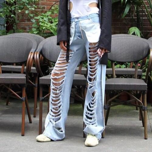 Spring and Summer Hip Hop Style Big Holes Jeans Women Casual Streetwear Denim Pants Ladies Punk Trousters