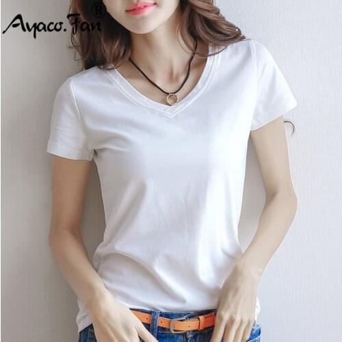 2019 Spring Summer Women Cotton T-shirt Black V-Neck Short Sleeve Female Tee Slim White T-Shirt Casual Solid Lady Tshirt Tops