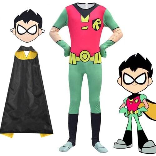 Halloween Costumes for Kids Teen Titan Go Cosplay Boys Bodysuit Party Clothing Children Novelty Jumpsuits with Cloak and Mask